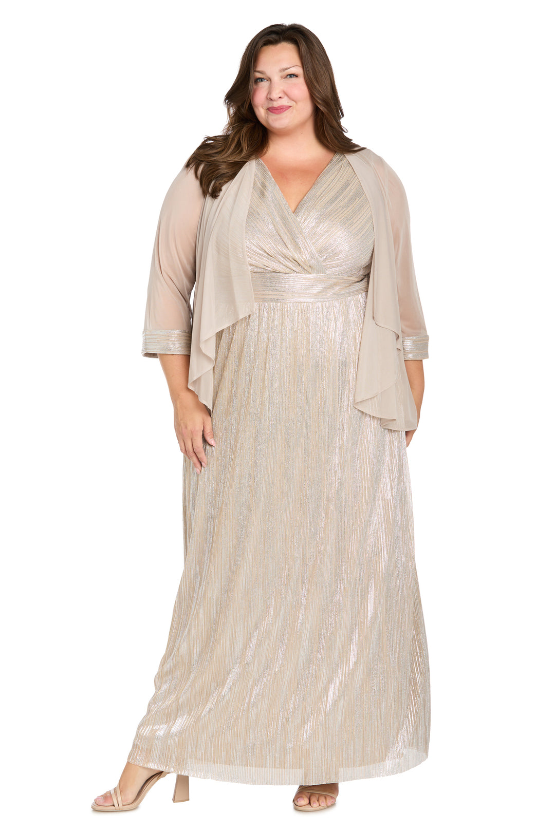 Two-Piece Cascade Front Jacket Over Surplice Bodice Long Dress