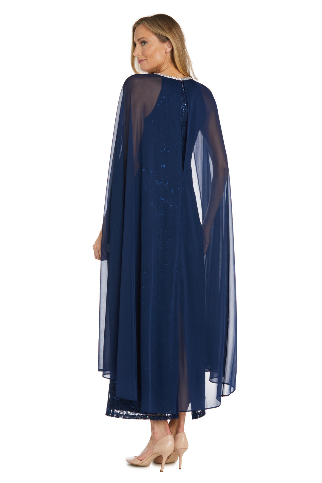 Long Sequin Lace Dress with Chiffon Cape and Rhinestone Neckline – R&M  Richards