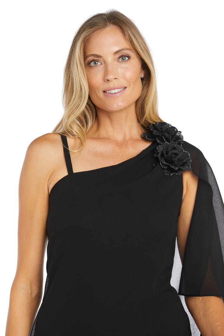 One-Shoulder Cocktail Dress with Glitter Flower and Back Cape