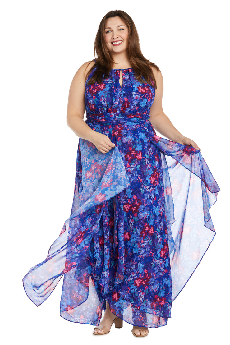 Long Printed Chiffon Dress with a Halter Keyhole - Plus R&M Richards Long Printed Chiffon Dress with a Halter Keyhole - Plus R&M Richards