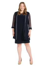 Rhinestone Trim Jacket Dress with Illusion Sleeves - Plus