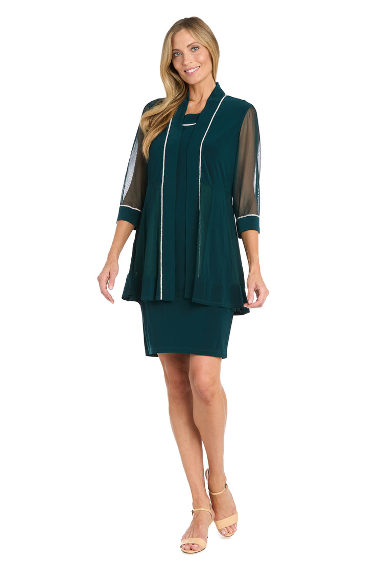 Rhinestone Trim Jacket Dress with Illusion Sleeves