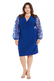 Cocktail Wrap Dress with 3D Floral Sheer Sleeves - Plus