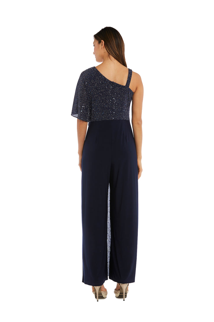 Asymmetric Jumpsuit with Sequined Overlay and Draped Shoulder - Petite