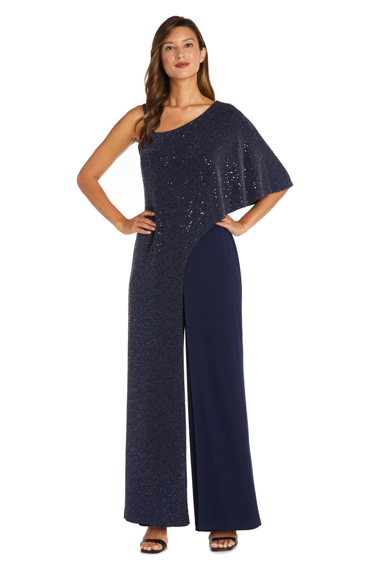 Asymmetric Jumpsuit with Sequined Overlay and Draped Shoulder - Petite