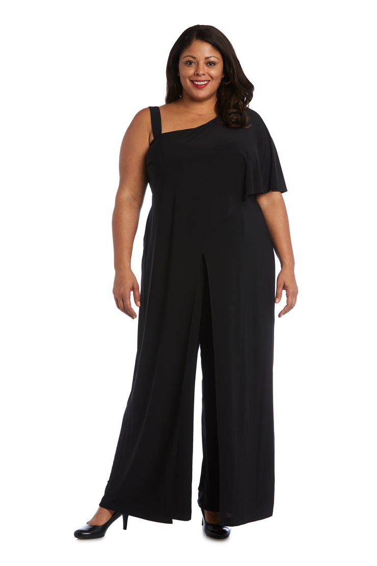 One-Shoulder Flare Jumpsuit with Overlay and Draped Sleeves - Plus