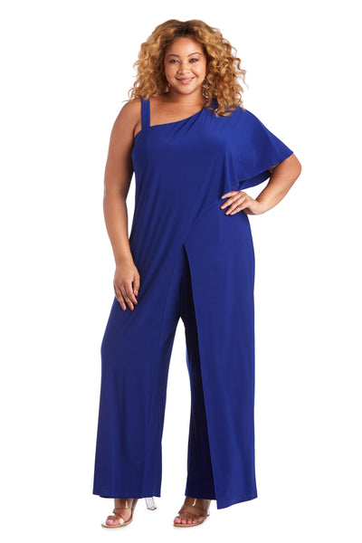 One-Shoulder Flare Jumpsuit with Overlay and Draped Sleeves - Plus