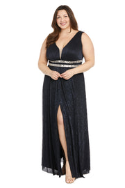 Long Metallic Gown With Double Rhinestone Waist Detailing - Plus