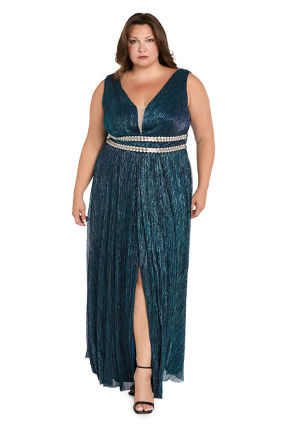 Long Metallic Gown With Double Rhinestone Waist Detailing - Plus