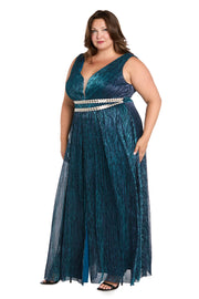Long Metallic Gown With Double Rhinestone Waist Detailing - Plus