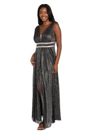 Long Metallic Gown With Double Rhinestone Waist Detailing