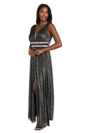 Long Metallic Gown With Double Rhinestone Waist Detailing