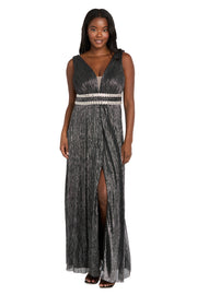 Long Metallic Gown With Double Rhinestone Waist Detailing