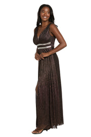 Long Metallic Gown With Double Rhinestone Waist Detailing