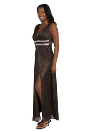 Long Metallic Gown With Double Rhinestone Waist Detailing