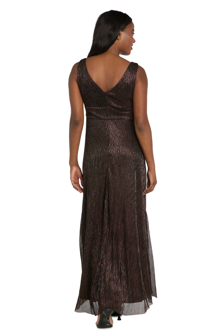 Long Metallic Gown With Double Rhinestone Waist Detailing