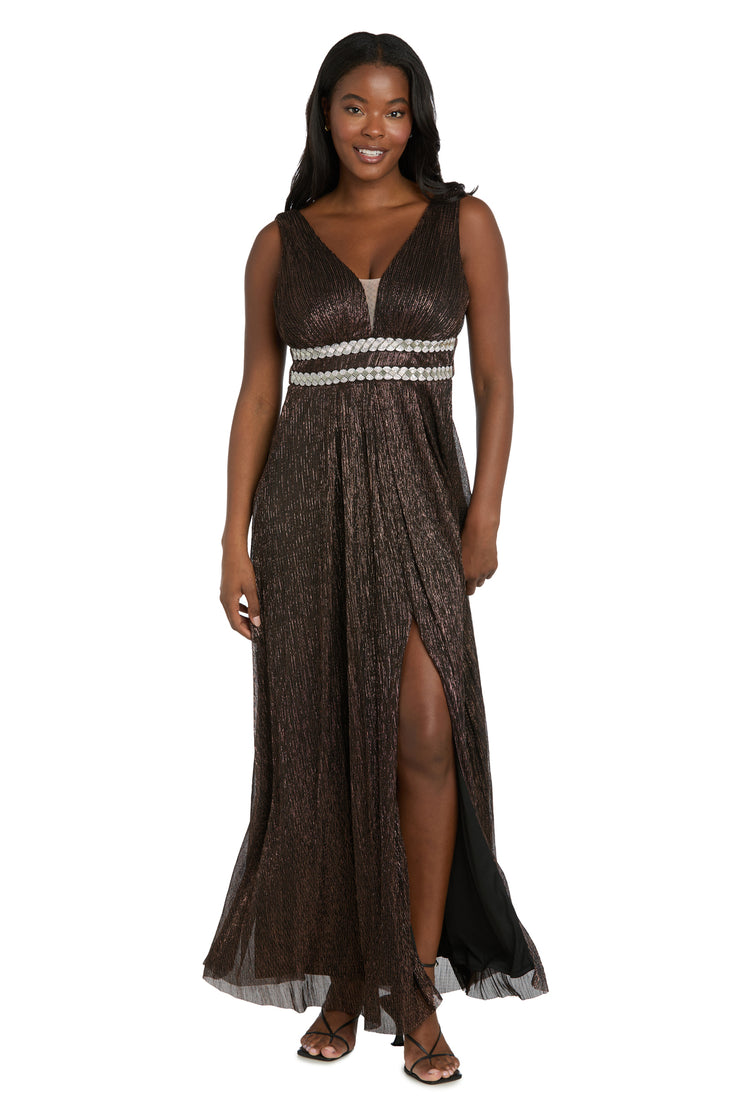 Long Metallic Gown With Double Rhinestone Waist Detailing