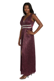 Long Metallic Gown With Double Rhinestone Waist Detailing