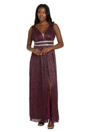 Long Metallic Gown With Double Rhinestone Waist Detailing