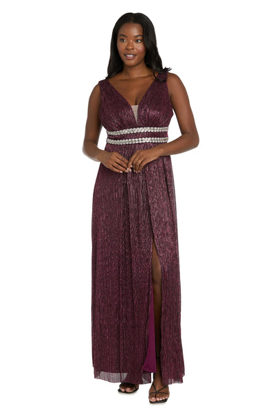 Long Metallic Gown With Double Rhinestone Waist Detailing