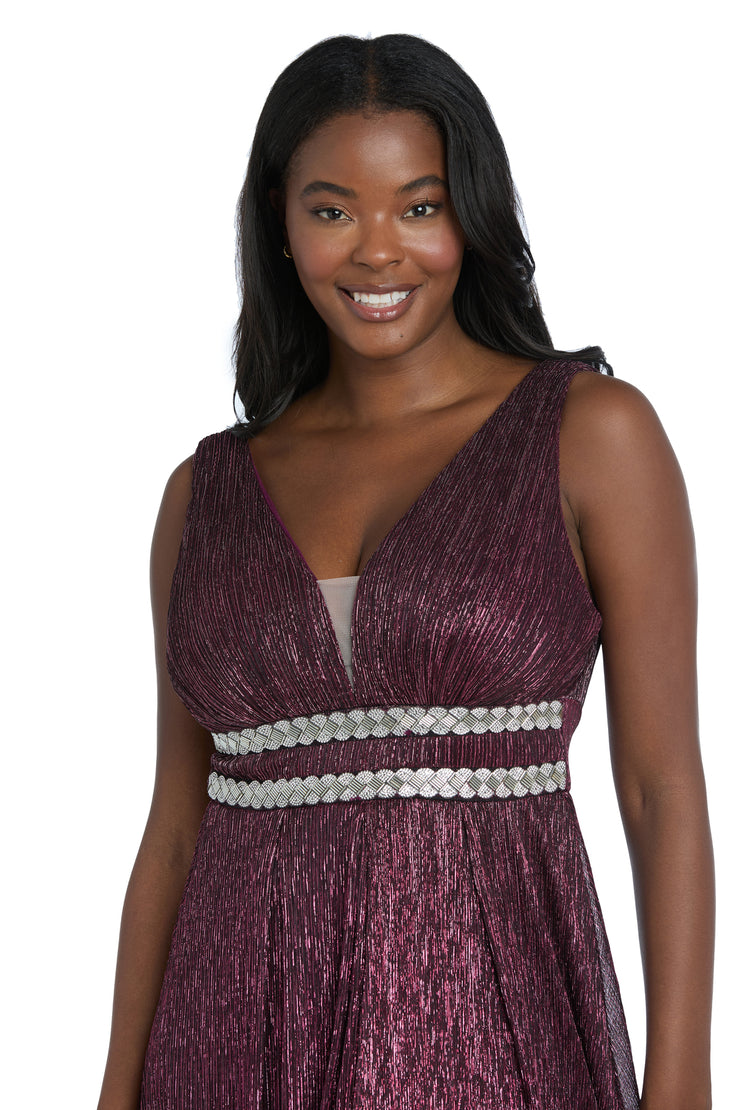 Long Metallic Gown With Double Rhinestone Waist Detailing