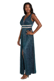 Long Metallic Gown With Double Rhinestone Waist Detailing