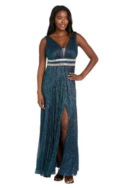 Long Metallic Gown With Double Rhinestone Waist Detailing
