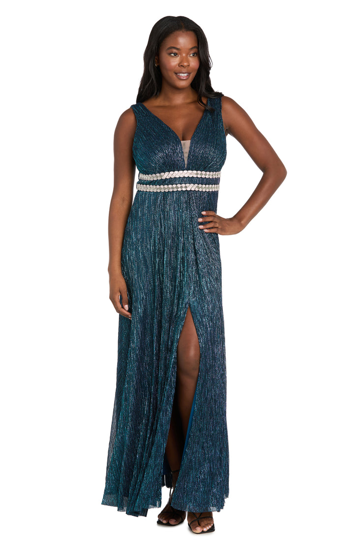 Long Metallic Gown With Double Rhinestone Waist Detailing