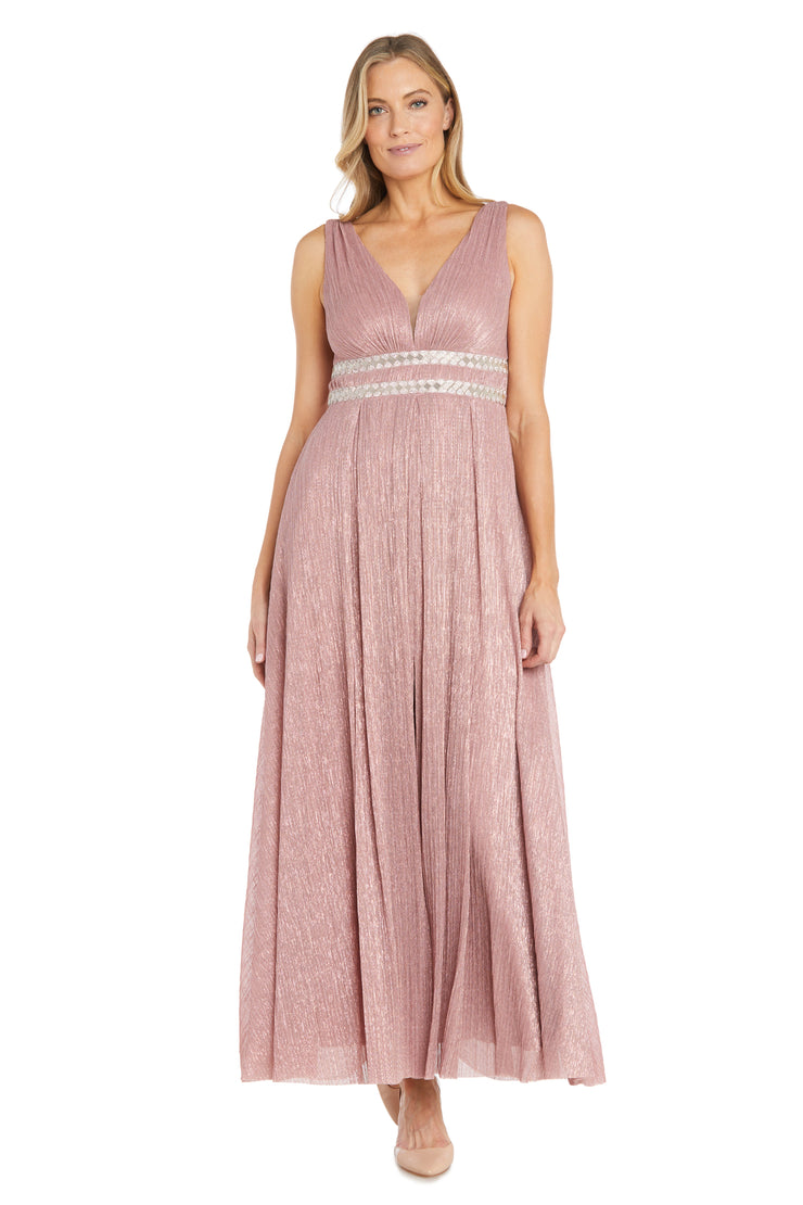 Long Metallic Gown With Double Rhinestone Waist Detailing - Petite