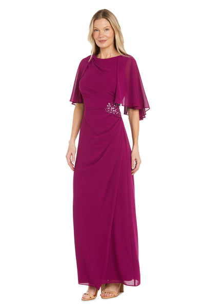 Long Chiffon Caplet Dress with a Rhinestone Waist Detail