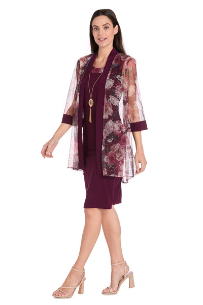 Burgundy Floral Chiffon Jacket Dress - Petite  R&M Richards