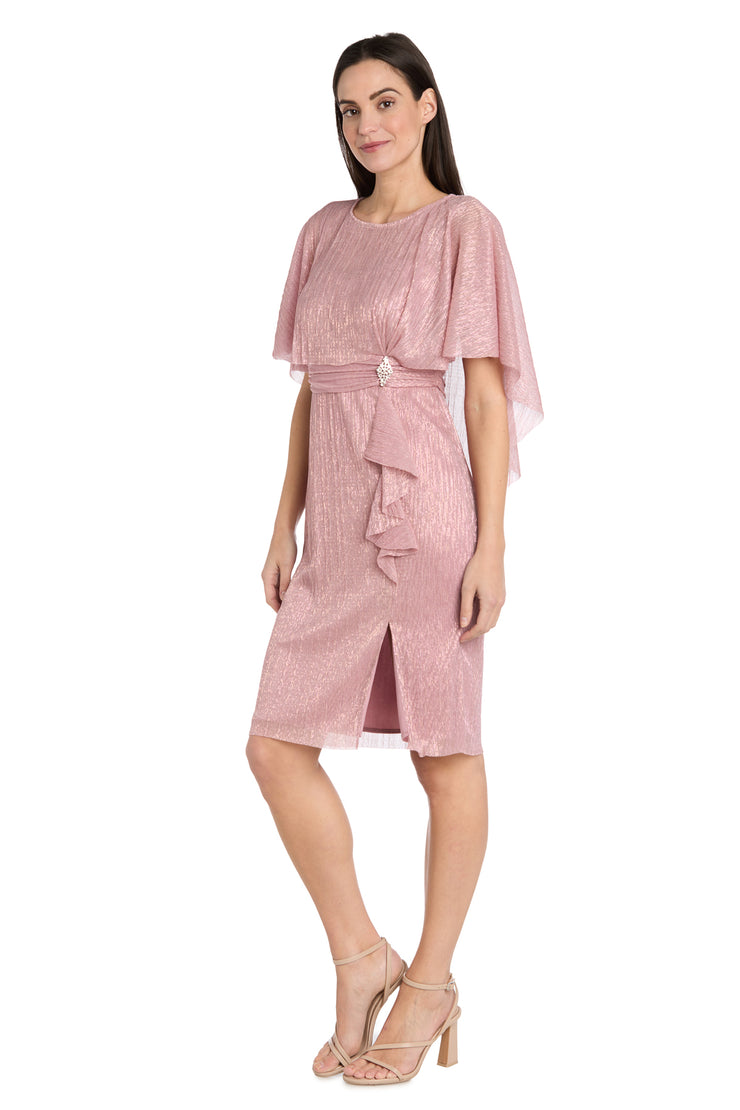 Cocktail Caplet Dress with Rhinestone and Ruffle Side Detail - Petite