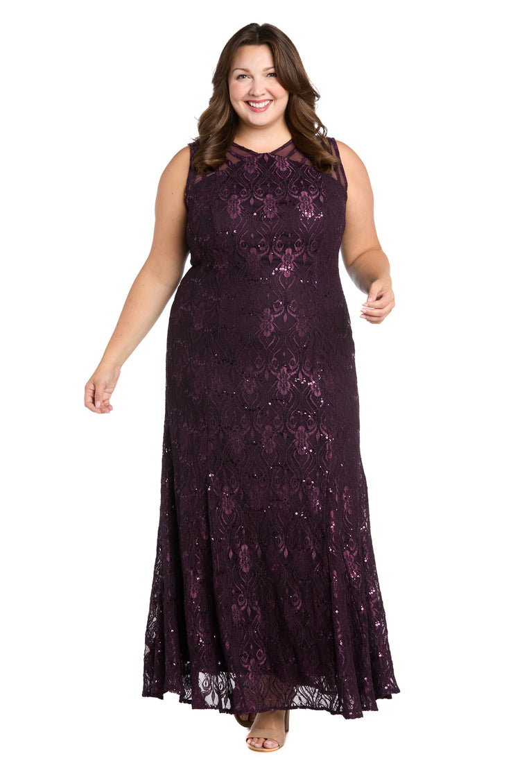 Sequined Lace Gown with Sheer Inserts - Plus