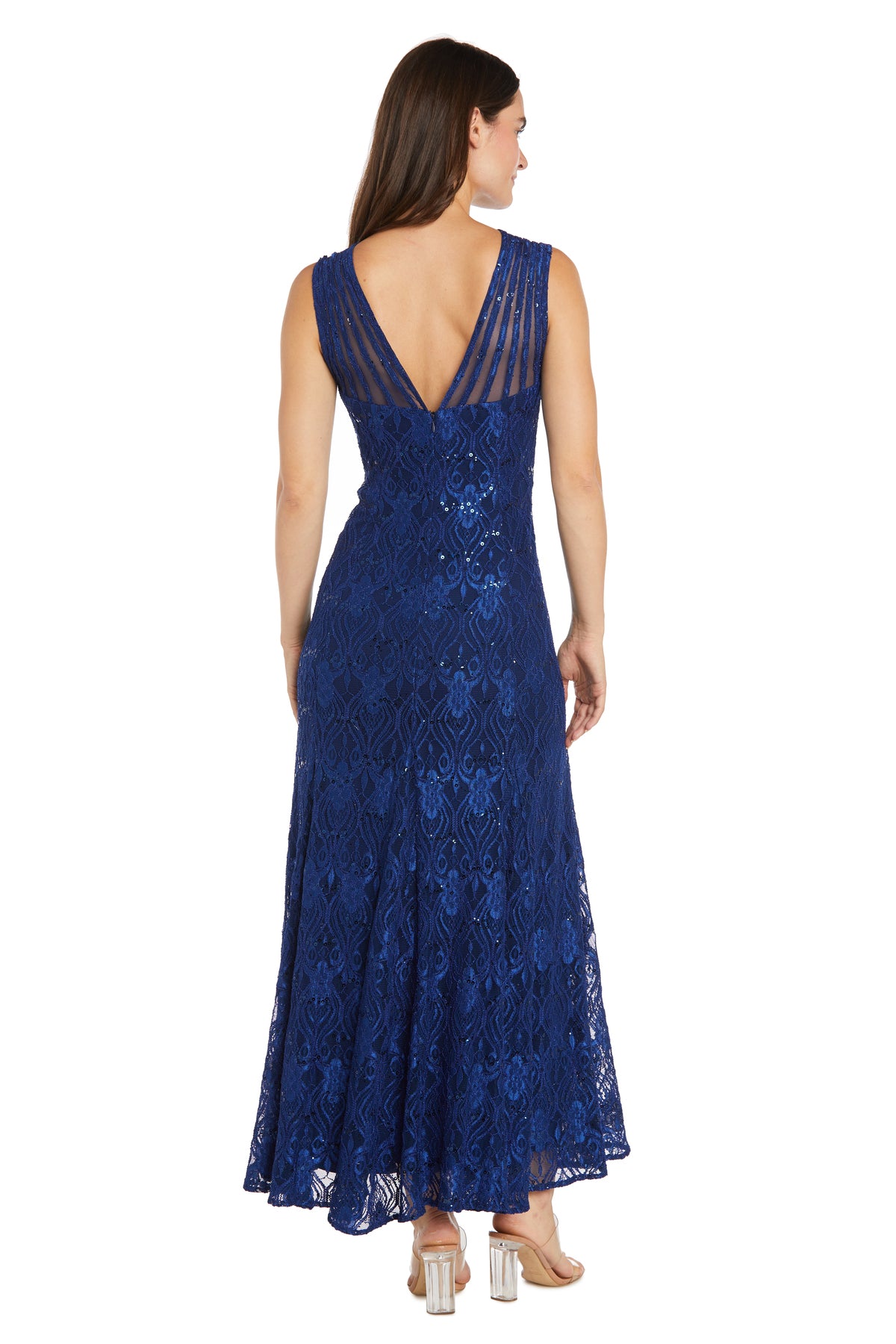R&M Richards Women's Long Sleeve Sequin Evening Gown - Elegant Floor-Length Dress With Sheer Inserts & Satin Tie