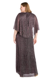 Metallic Pleated Caplet Gown with Rhinestone Detailing - Plus