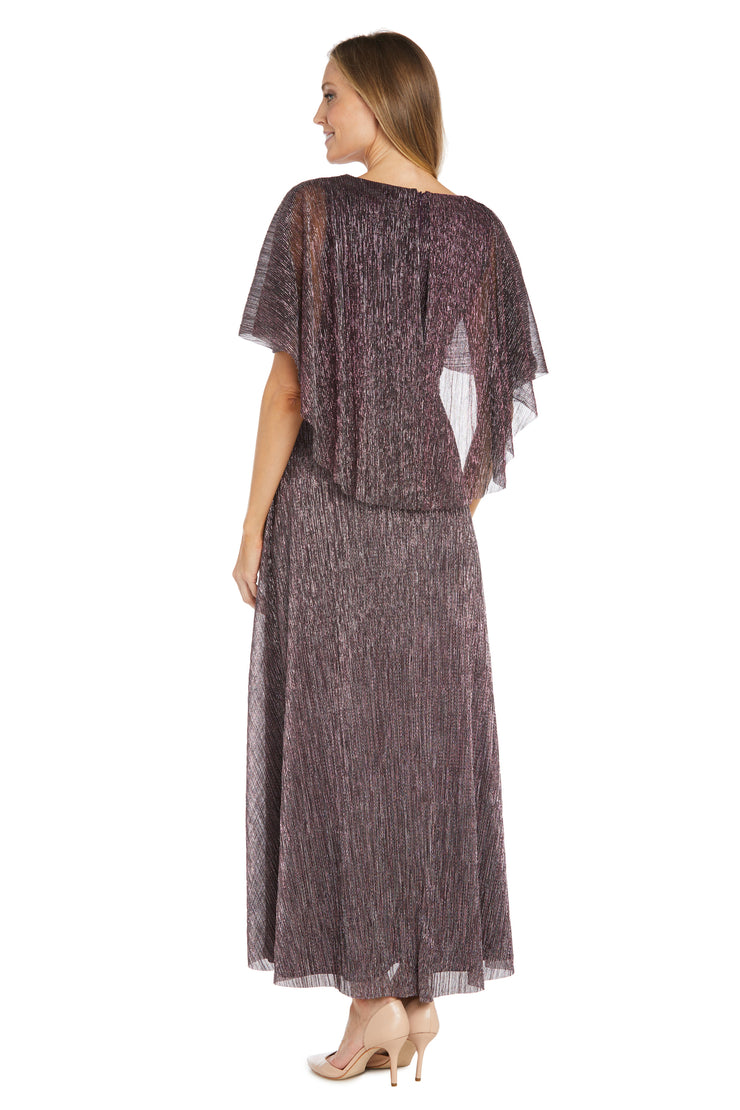 Metallic Pleated Caplet Gown with Rhinestone Detailing