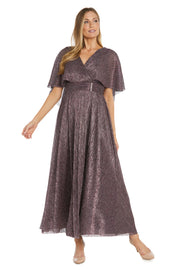 Metallic Pleated Caplet Gown with Rhinestone Detailing