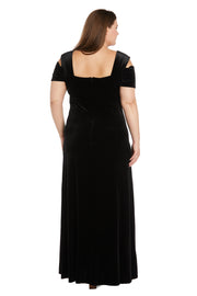 Long Velvet Off The Shoulder Dress With Rhinestone Detailing - Plus