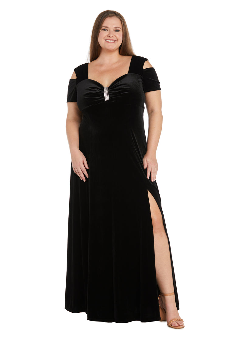 Long Velvet Off The Shoulder Dress With Rhinestone Detailing - Plus