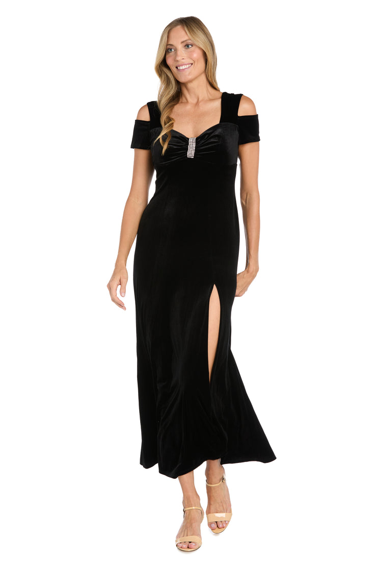 Long Velvet Off The Shoulder Dress With Rhinestone Detailing