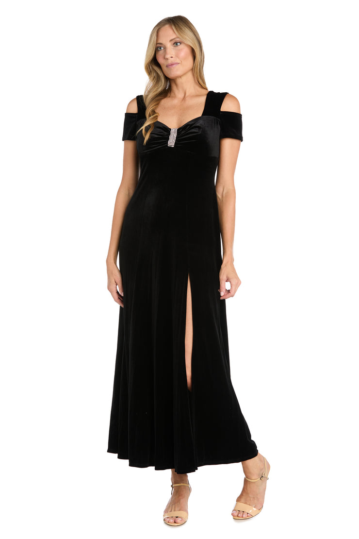 Long Velvet Off The Shoulder Dress With Rhinestone Detailing