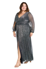 Elegant Metallic Long Dress with Rhinestone Detail and V-Neckline - Plus