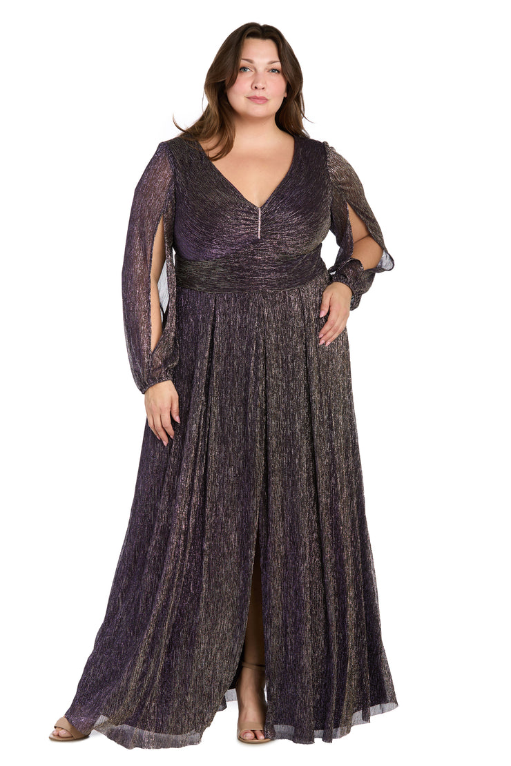 Elegant Metallic Long Dress with Rhinestone Detail and V-Neckline - Pl R&M Richards Elegant Metallic Long Dress with Rhinestone Detail and V-Neckline - Pl R&M Richards