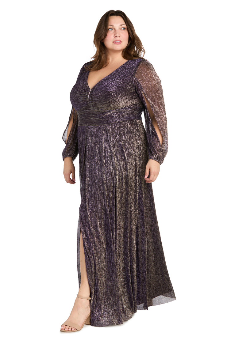 Elegant Metallic Long Dress with Rhinestone Detail and V-Neckline - Plus