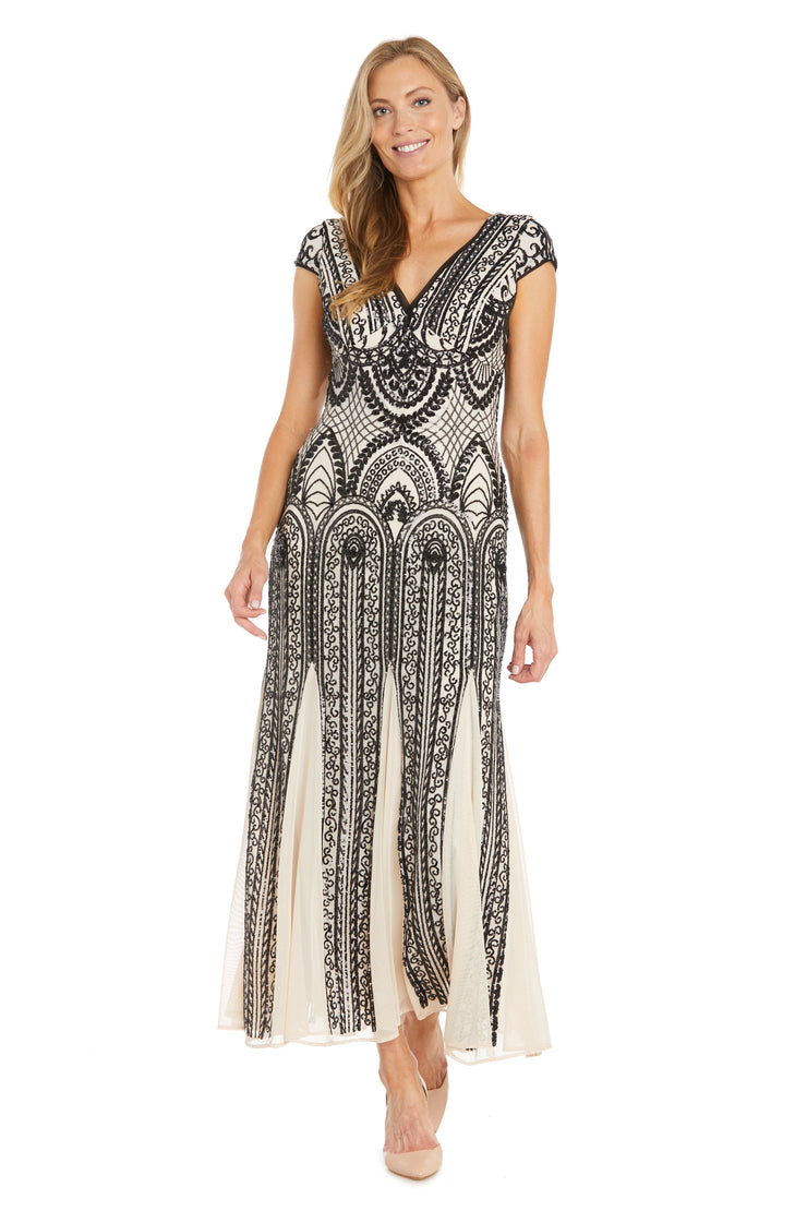 Patterned Sequin Godet Gown Champagne/Black / 6