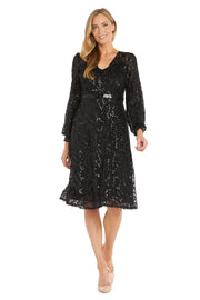 Intricate Sequin Detailing Cocktail Dress with Blouson Sleeves - Petite