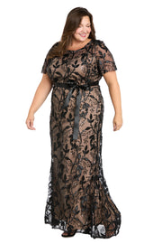 Long Black & Nude Sheer Floral Embroidered Dress with Satin Sash - Plus