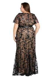 Long Black & Nude Sheer Floral Embroidered Dress with Satin Sash - Plus