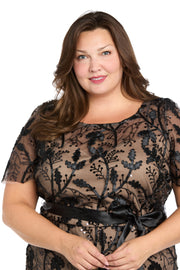 Long Black & Nude Sheer Floral Embroidered Dress with Satin Sash - Plus