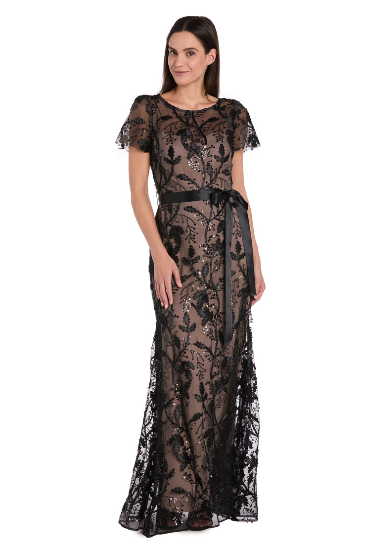 Long Black & Nude Sheer Floral Embroidered Dress with Satin Sash